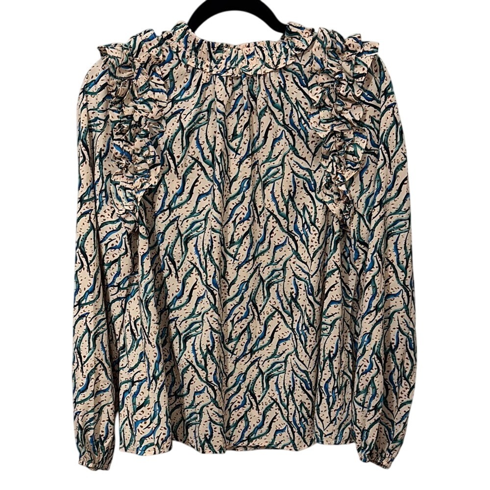 Entro Ruffled Long Sleeve Blouse in Cream and Green‎